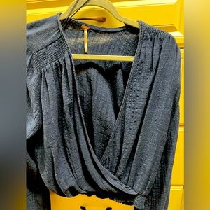 Denim blue Free People ruched bottom top. Never worn.